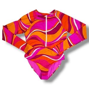 Trina Turk Vivid Pink & Orange Vista Long-Sleeve One Piece Swimsuit - Size XL